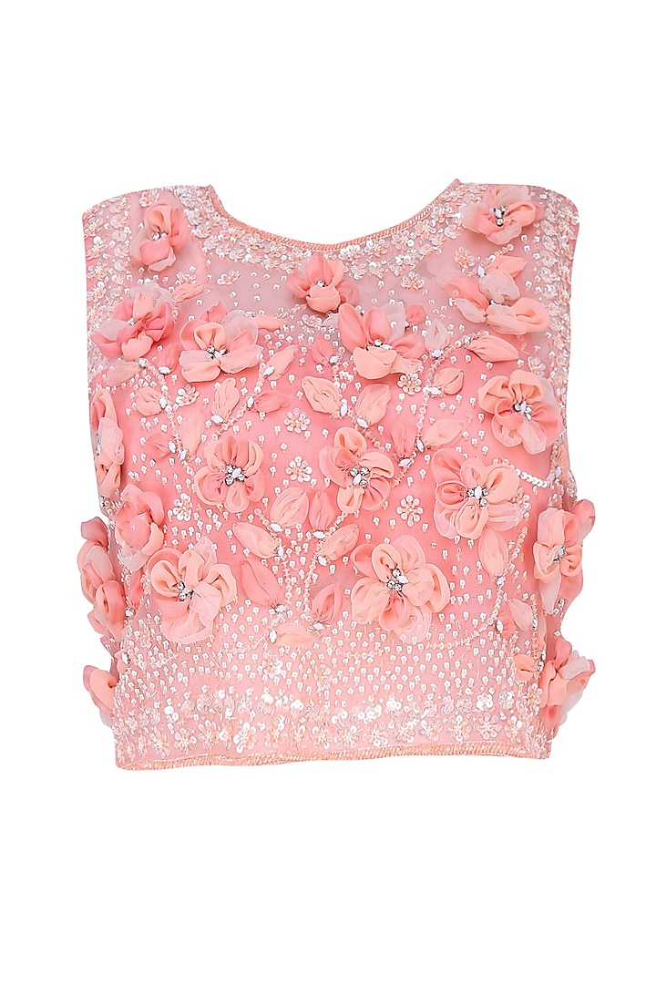 Peach 3D floral applique work crop top and skirt set available only at Pernia's Pop Up Shop.