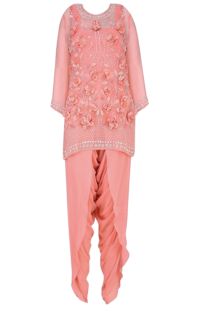 Peach 3D Floral Applique Work Short Kurta and Dhoti Pants Set by Roora by Ritam