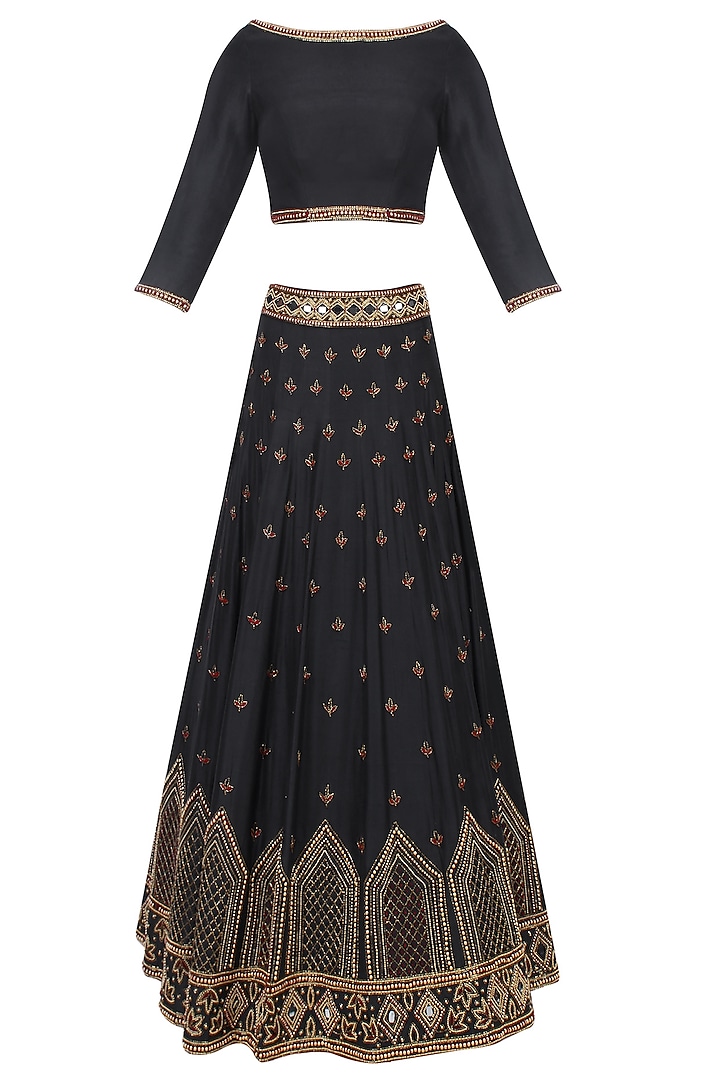 Black Mirror and Beads Embroidered Lehenga Set by Roora by Ritam