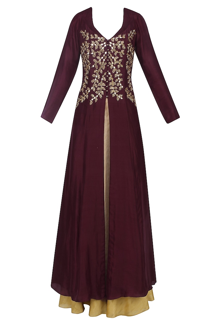 Dark Plum Mirror and Cutdana Work Long Jacket and Gold Skirt Set by Roora by Ritam