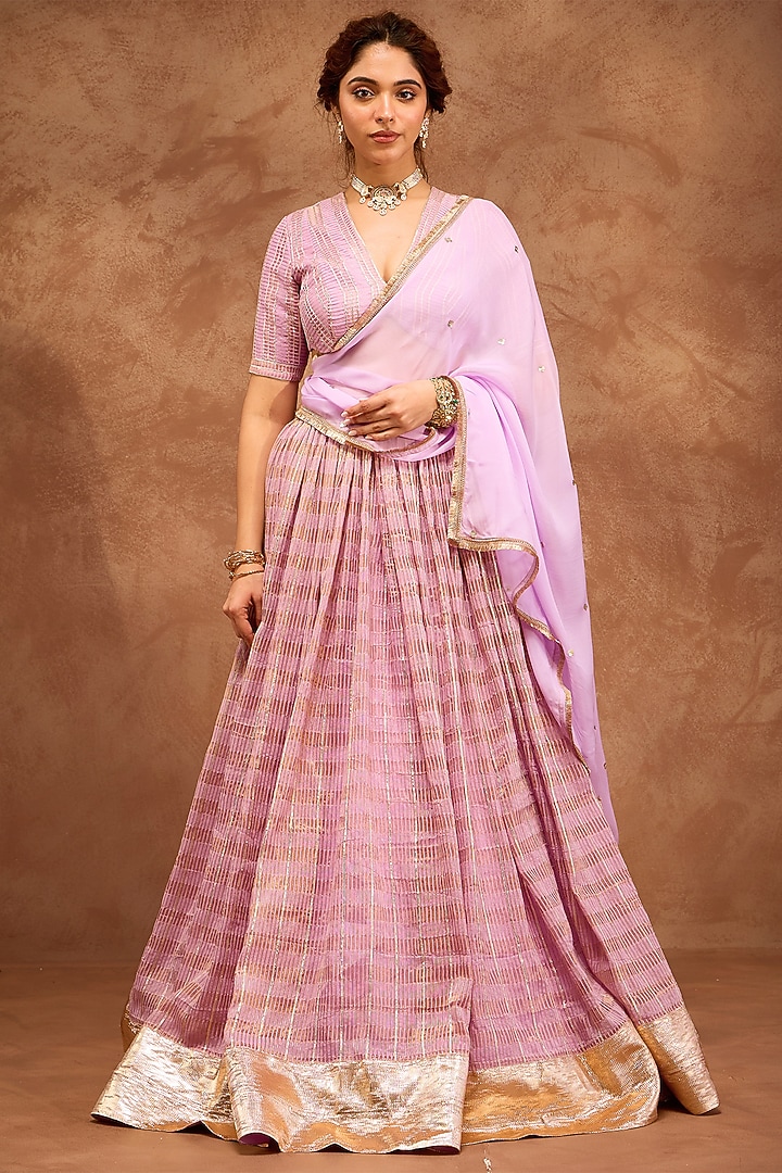 Lilac Silk Chanderi & Silk Organza Gota Embroidered Wedding Lehenga Set by RoohbyRidhimaa at Pernia's Pop Up Shop