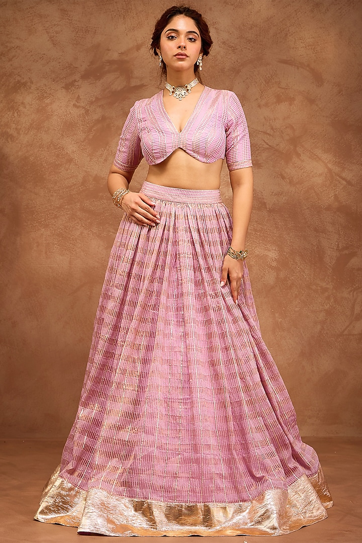 Lilac Silk Chanderi & Silk Organza Gota Embroidered Wedding Lehenga Set by RoohbyRidhimaa at Pernia's Pop Up Shop
