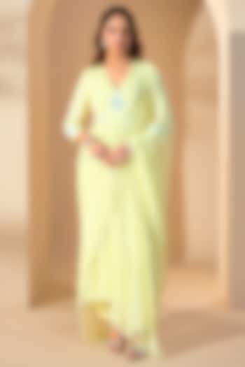 Powder Yellow Silk Crepe & Organza Pearl Embroidered Kurta Set by RoohbyRidhimaa at Pernia's Pop Up Shop