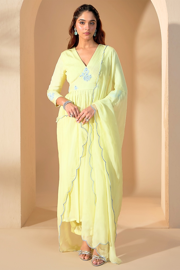 Powder Yellow Silk Crepe & Organza Pearl Embroidered Kurta Set by RoohbyRidhimaa at Pernia's Pop Up Shop