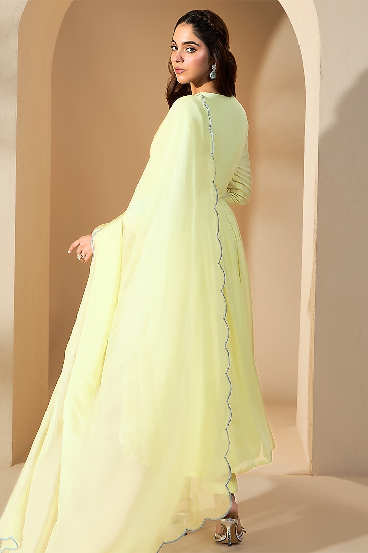 Powder Yellow Silk Crepe & Organza Pearl Embroidered Kurta Set by RoohbyRidhimaa at Pernia's Pop Up Shop