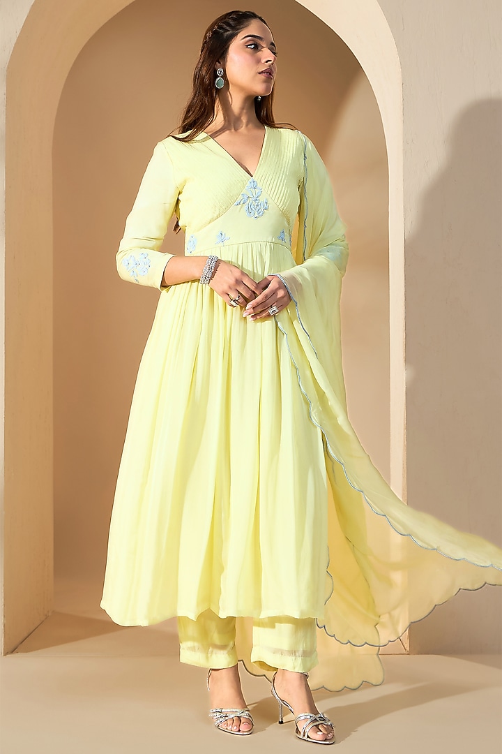 Powder Yellow Silk Crepe & Organza Pearl Embroidered Kurta Set by RoohbyRidhimaa at Pernia's Pop Up Shop
