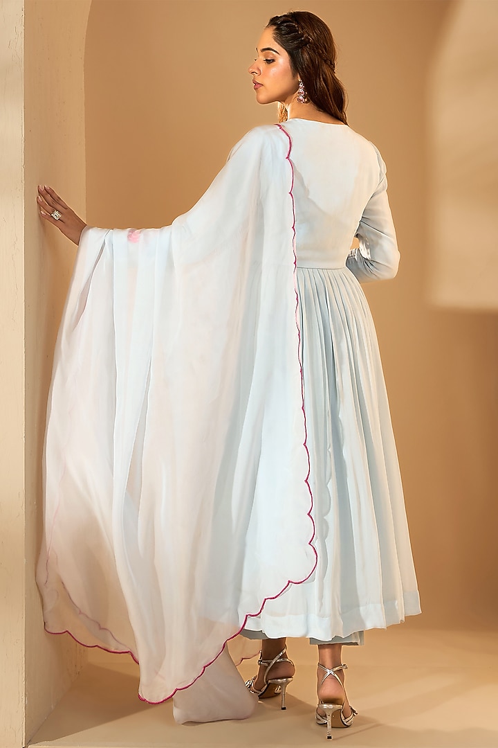 Powder Blue Silk Crepe & Organza Pearl Embroidered Kurta Set by RoohbyRidhimaa at Pernia's Pop Up Shop
