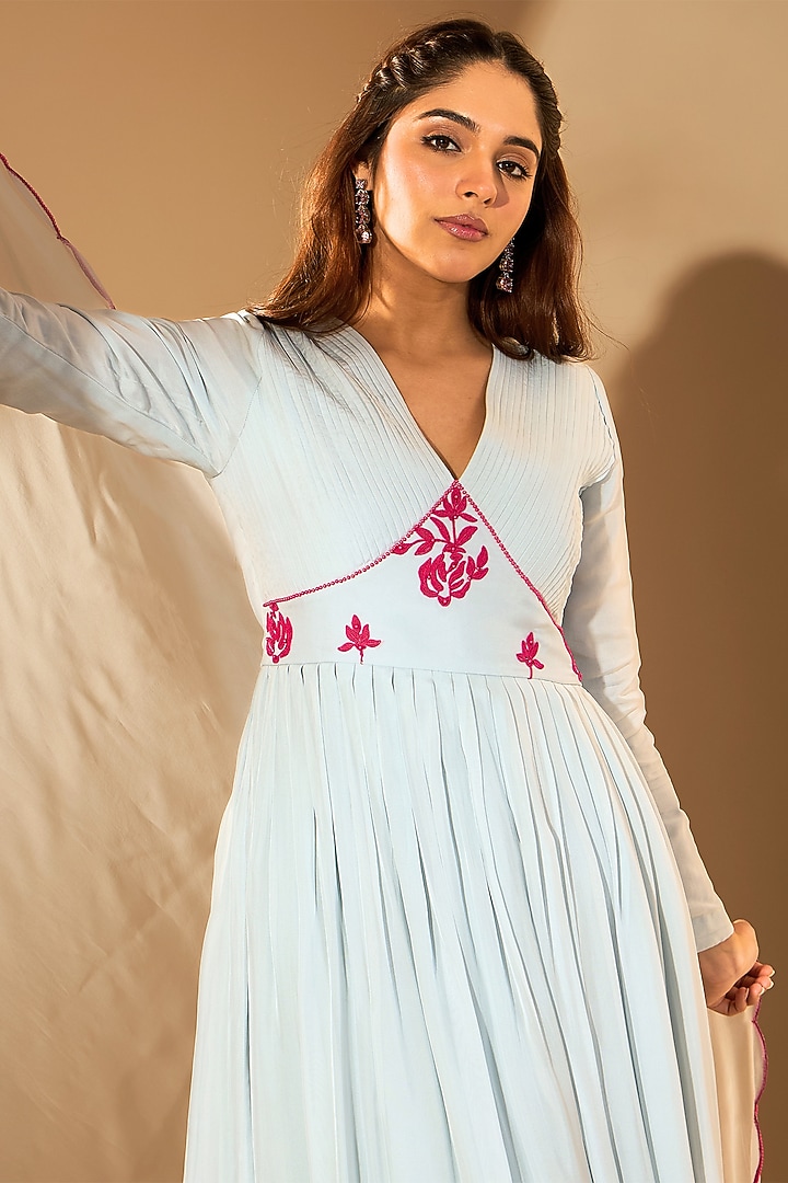 Powder Blue Silk Crepe & Organza Pearl Embroidered Kurta Set by RoohbyRidhimaa at Pernia's Pop Up Shop