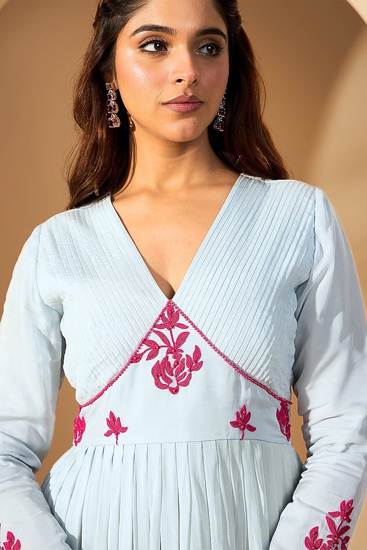 Powder Blue Silk Crepe & Organza Pearl Embroidered Kurta Set by RoohbyRidhimaa at Pernia's Pop Up Shop