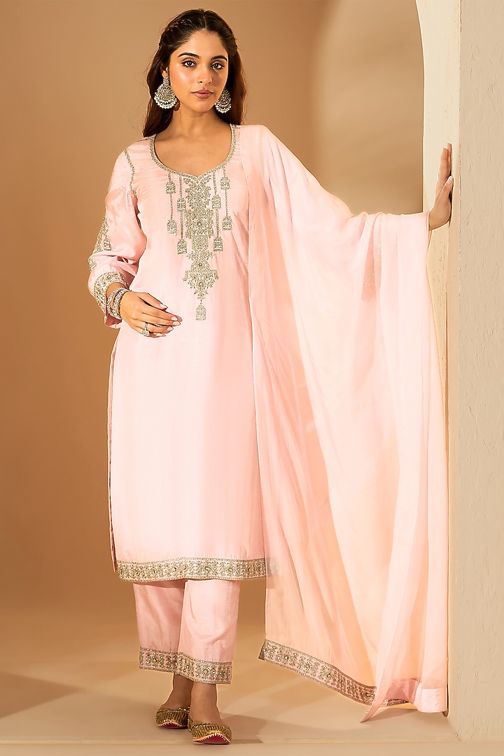 Pastel Pink Viscose Raw Silk & Silk Organza Hand Embroidered Kurta Set by RoohbyRidhimaa at Pernia's Pop Up Shop