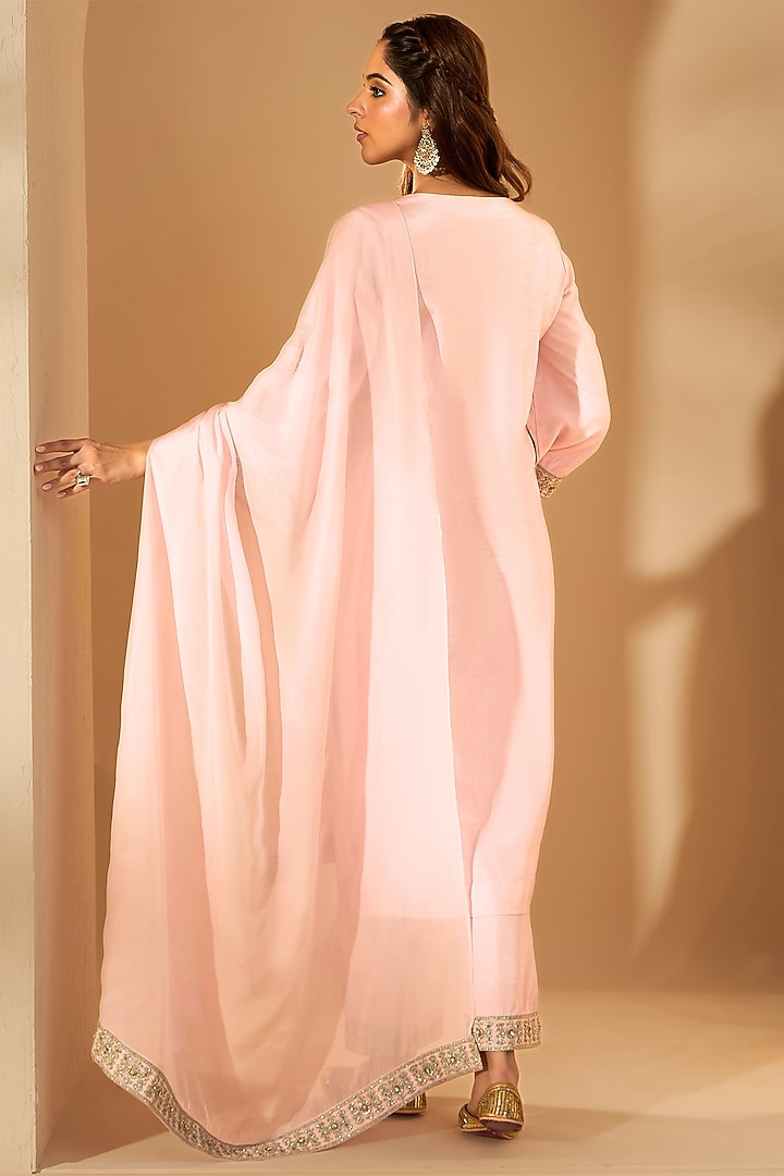 Pastel Pink Viscose Raw Silk & Silk Organza Hand Embroidered Kurta Set by RoohbyRidhimaa at Pernia's Pop Up Shop