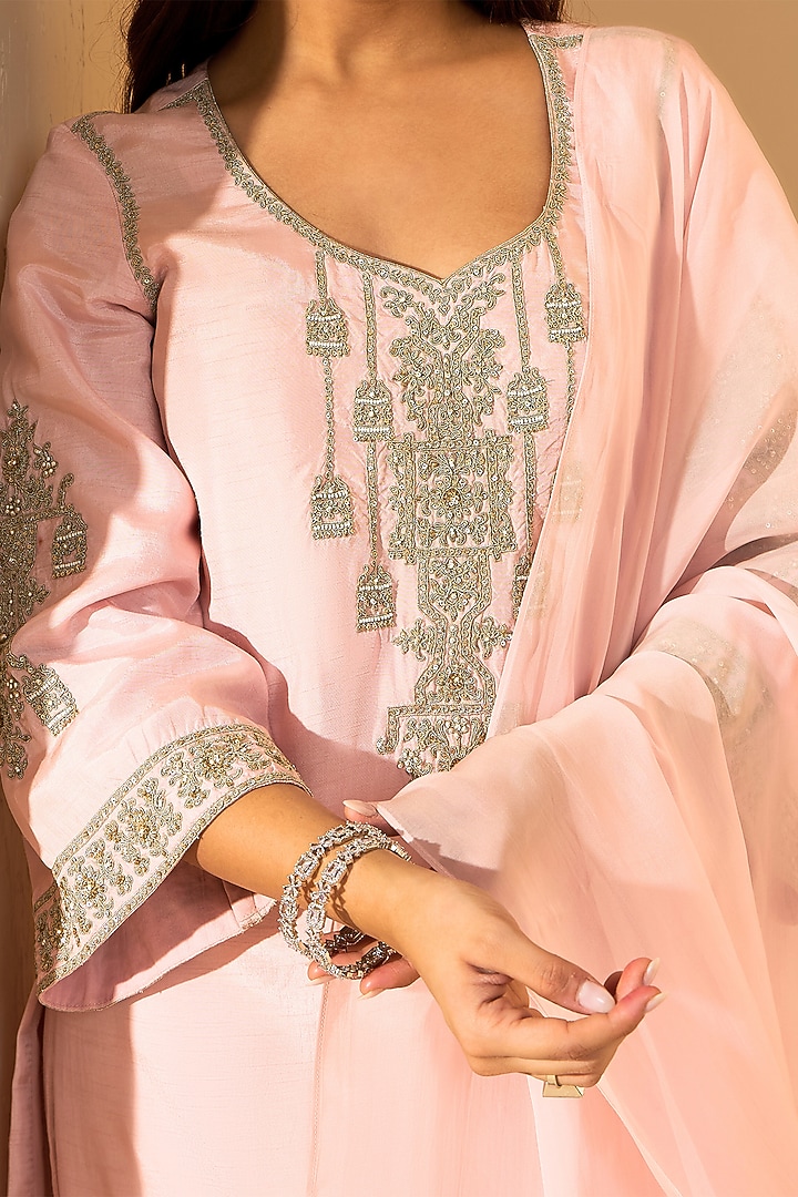 Pastel Pink Viscose Raw Silk & Silk Organza Hand Embroidered Kurta Set by RoohbyRidhimaa at Pernia's Pop Up Shop
