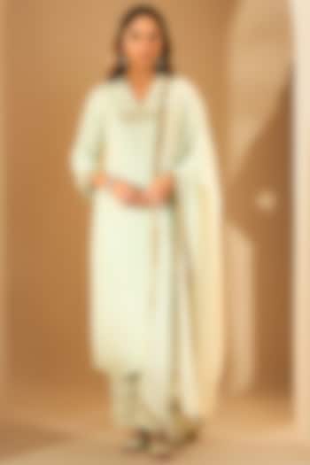 Pastel Green Soft Chiffon Sequins Hand Embroidered Kurta Set by RoohbyRidhimaa at Pernia's Pop Up Shop