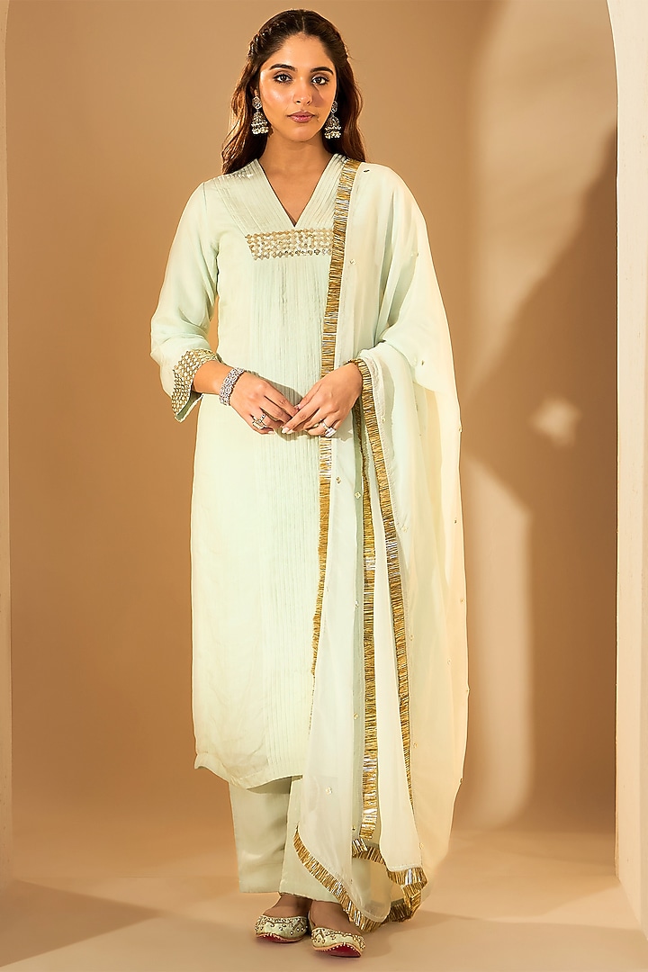 Pastel Green Soft Chiffon Sequins Hand Embroidered Kurta Set by RoohbyRidhimaa at Pernia's Pop Up Shop