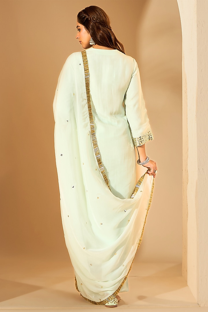 Pastel Green Soft Chiffon Sequins Hand Embroidered Kurta Set by RoohbyRidhimaa at Pernia's Pop Up Shop