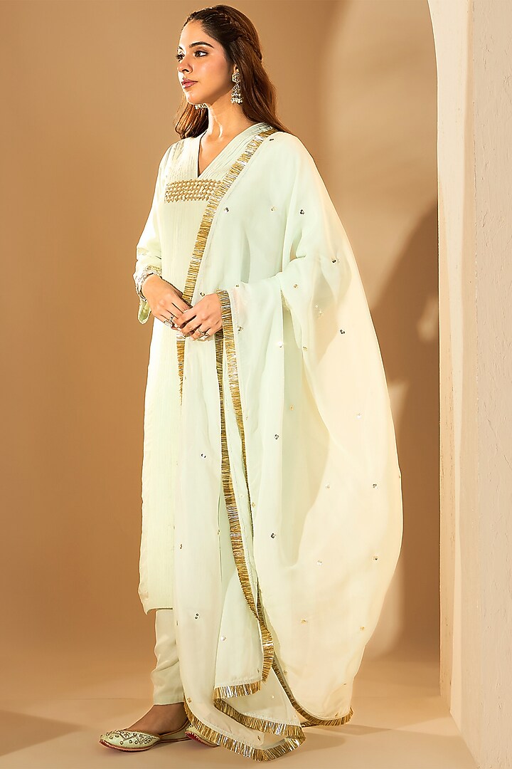 Pastel Green Soft Chiffon Sequins Hand Embroidered Kurta Set by RoohbyRidhimaa at Pernia's Pop Up Shop
