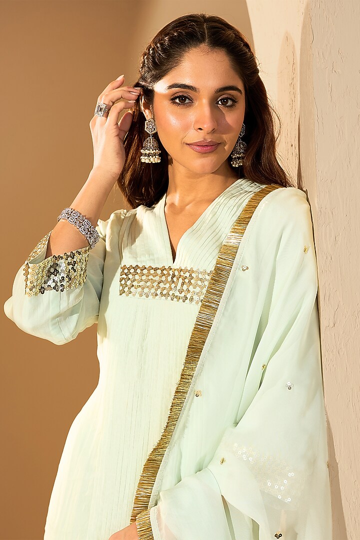 Pastel Green Soft Chiffon Sequins Hand Embroidered Kurta Set by RoohbyRidhimaa at Pernia's Pop Up Shop