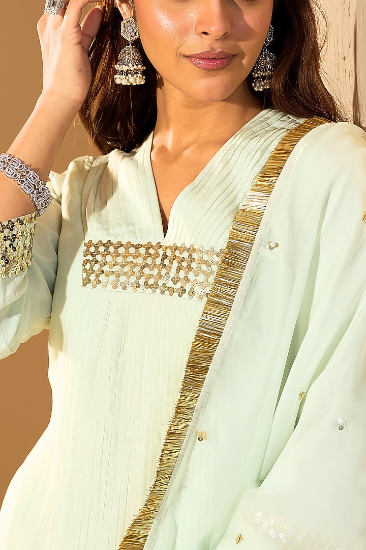Pastel Green Soft Chiffon Sequins Hand Embroidered Kurta Set by RoohbyRidhimaa at Pernia's Pop Up Shop