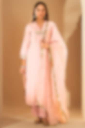 Pastel Pink Soft Chiffon Sequins Hand Embroidered Kurta Set by RoohbyRidhimaa at Pernia's Pop Up Shop