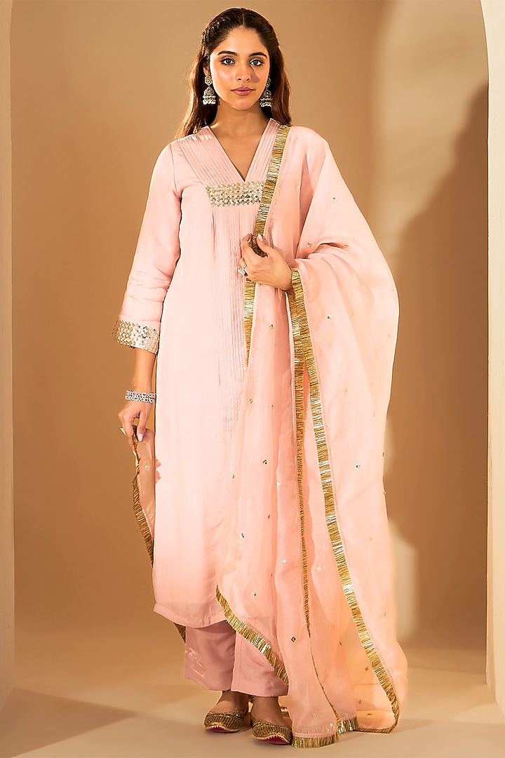 Pastel Pink Soft Chiffon Sequins Hand Embroidered Kurta Set by RoohbyRidhimaa at Pernia's Pop Up Shop