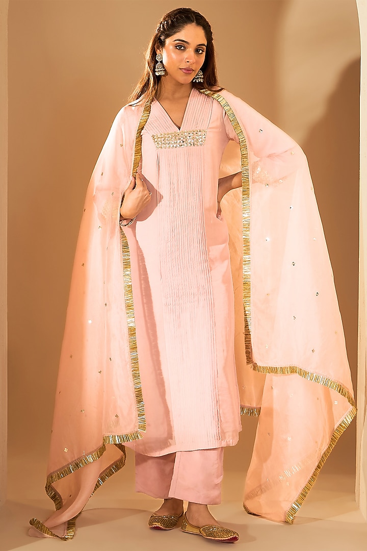 Pastel Pink Soft Chiffon Sequins Hand Embroidered Kurta Set by RoohbyRidhimaa at Pernia's Pop Up Shop