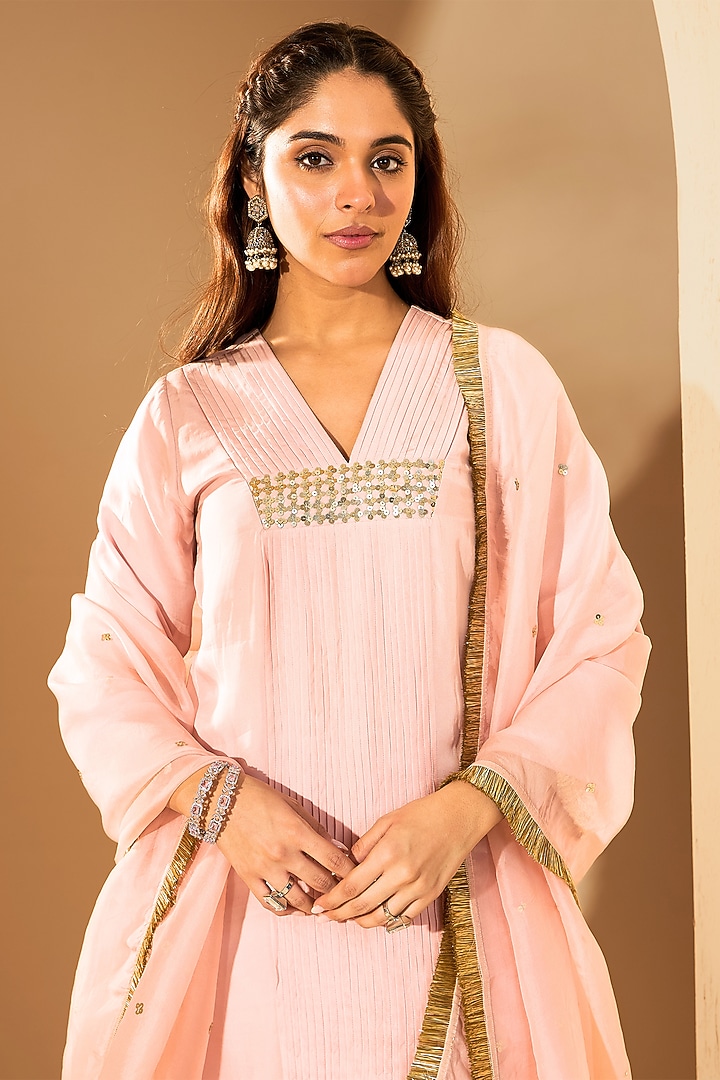 Pastel Pink Soft Chiffon Sequins Hand Embroidered Kurta Set by RoohbyRidhimaa at Pernia's Pop Up Shop