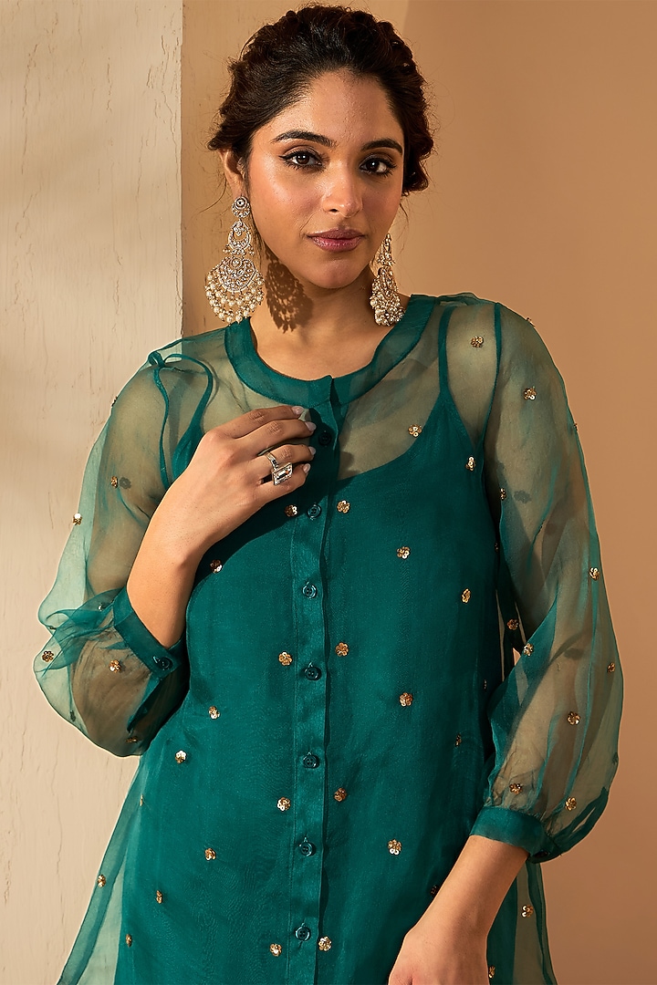 Pine Green Pure Silk Organza & Viscose Raw Silk Sequins Hand Embroidered Kurta Set by RoohbyRidhimaa at Pernia's Pop Up Shop