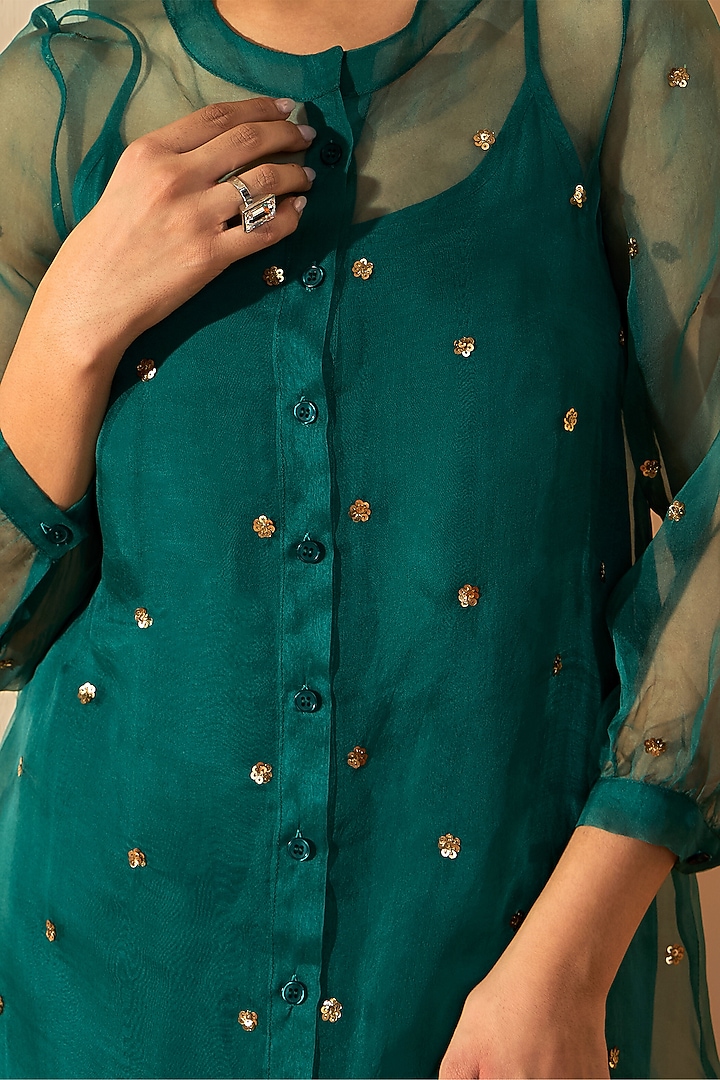 Pine Green Pure Silk Organza & Viscose Raw Silk Sequins Hand Embroidered Kurta Set by RoohbyRidhimaa at Pernia's Pop Up Shop