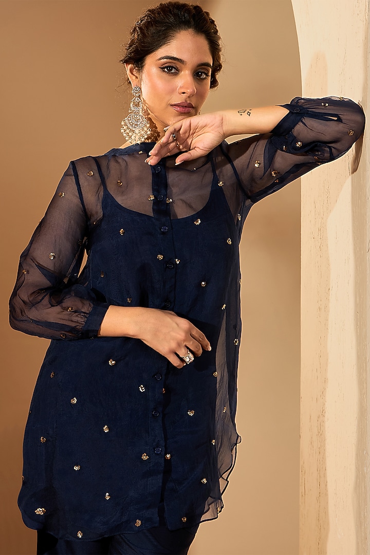 Navy Blue Pure Silk Organza & Viscose Raw Silk Sequins Hand Embroidered Kurta Set by RoohbyRidhimaa at Pernia's Pop Up Shop
