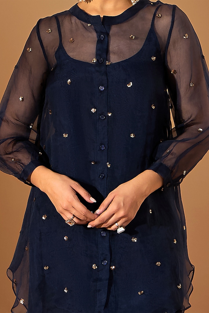 Navy Blue Pure Silk Organza & Viscose Raw Silk Sequins Hand Embroidered Kurta Set by RoohbyRidhimaa at Pernia's Pop Up Shop