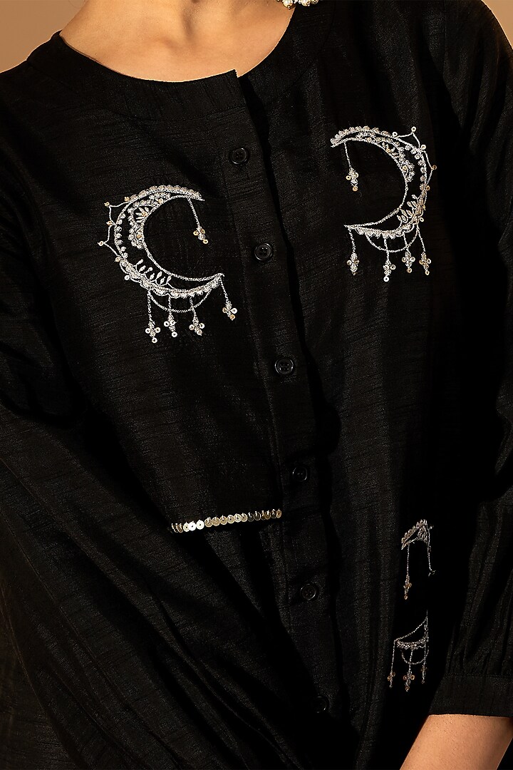 Black Cotton Silk Motif Embroidered Kurta Set by RoohbyRidhimaa at Pernia's Pop Up Shop