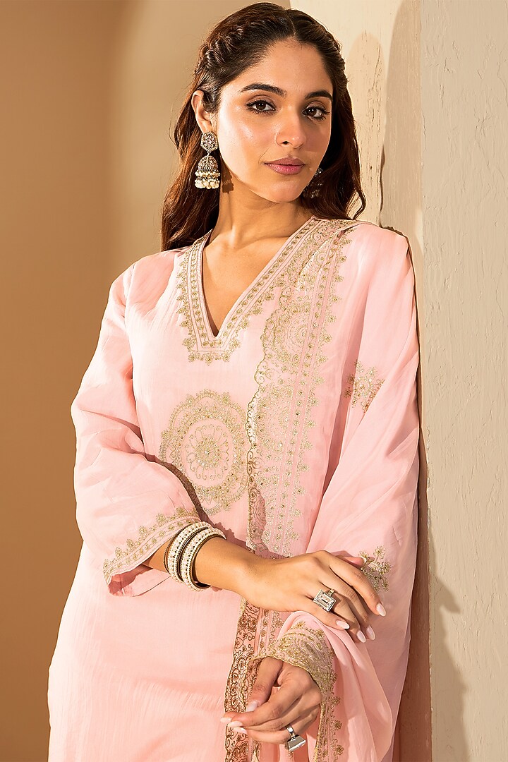 Pastel Pink Pure Silk Organza Zari Embroidered Kurta Set by RoohbyRidhimaa at Pernia's Pop Up Shop