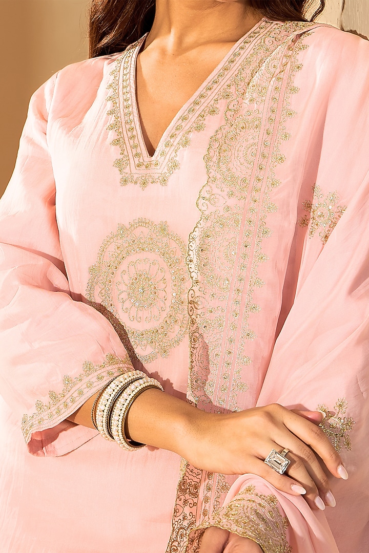Pastel Pink Pure Silk Organza Zari Embroidered Kurta Set by RoohbyRidhimaa at Pernia's Pop Up Shop