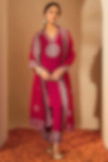 Fuchsia Pink Pure Silk Organza Zari Embroidered Kurta Set by RoohbyRidhimaa at Pernia's Pop Up Shop