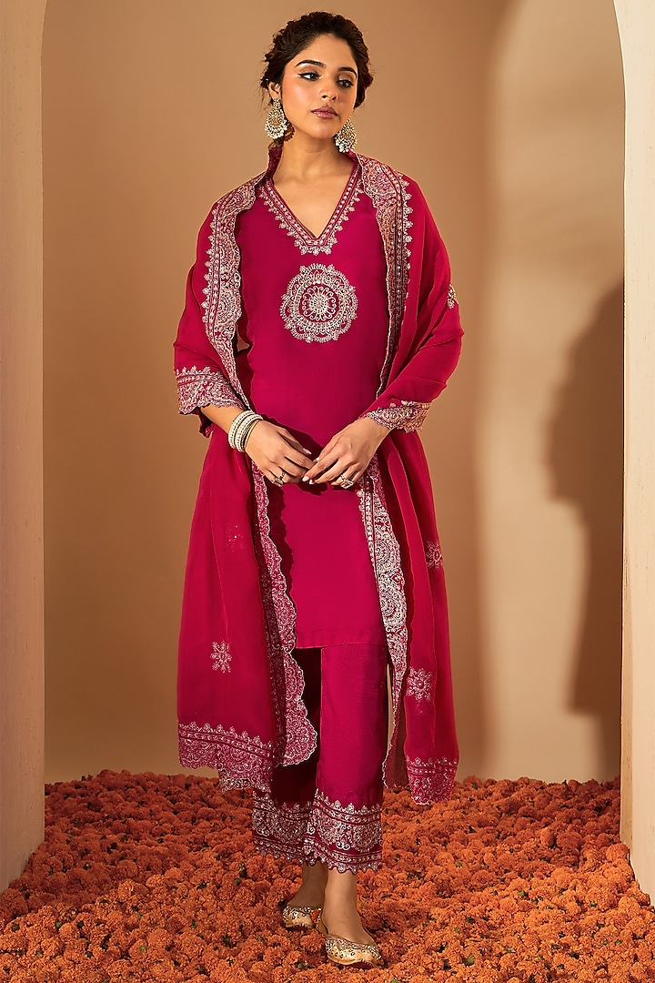 Fuchsia Pink Pure Silk Organza Zari Embroidered Kurta Set by RoohbyRidhimaa at Pernia's Pop Up Shop