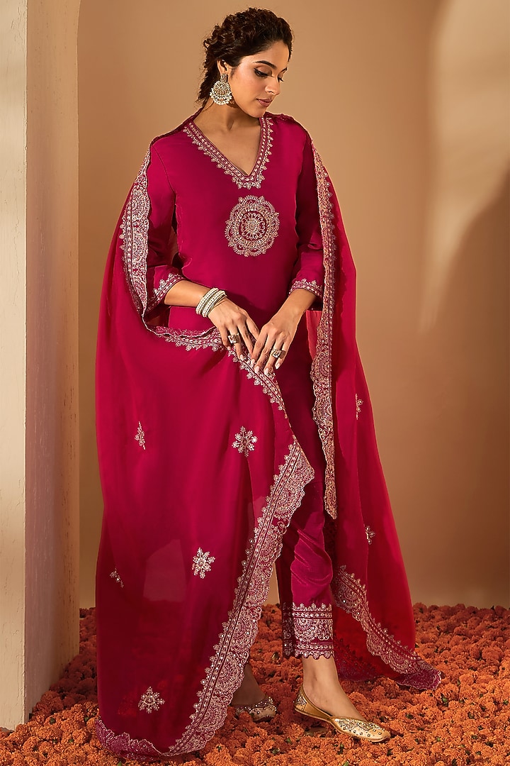 Fuchsia Pink Pure Silk Organza Zari Embroidered Kurta Set by RoohbyRidhimaa at Pernia's Pop Up Shop
