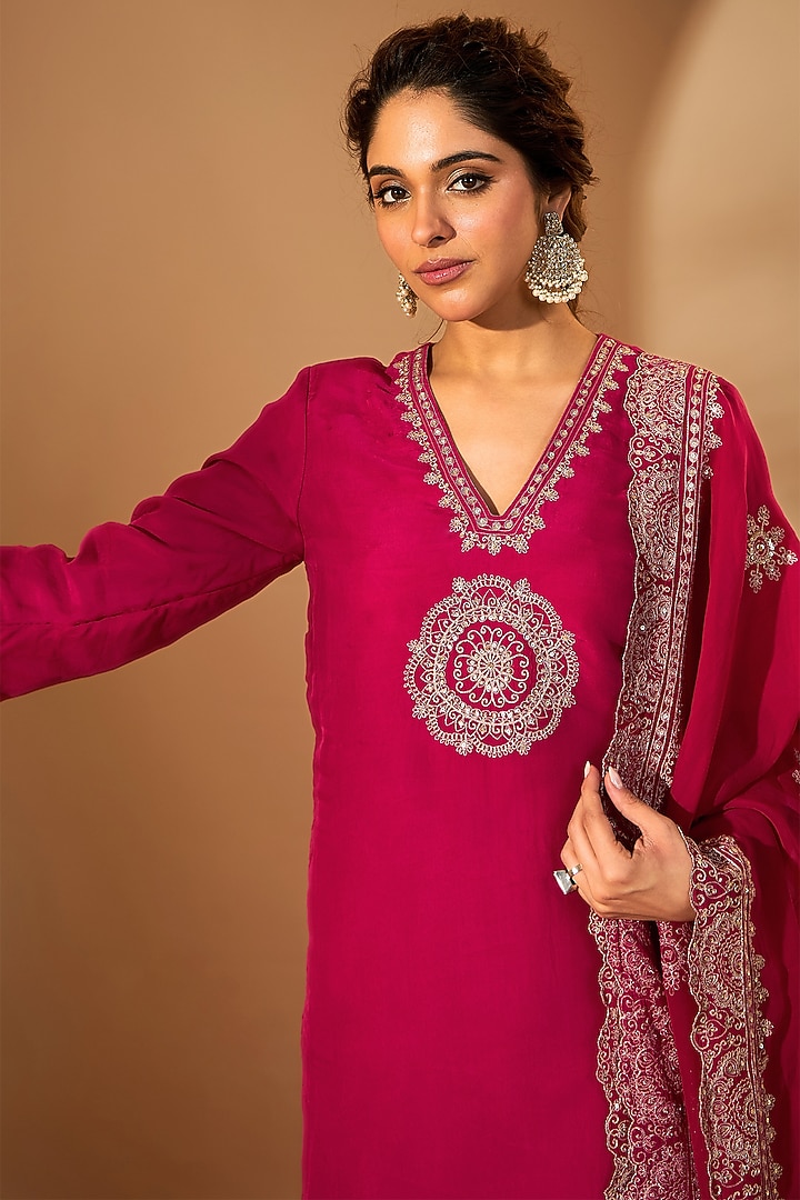 Fuchsia Pink Pure Silk Organza Zari Embroidered Kurta Set by RoohbyRidhimaa at Pernia's Pop Up Shop