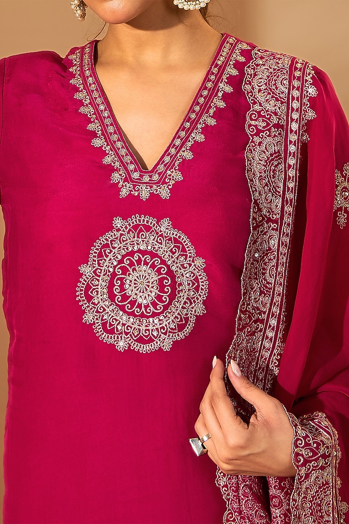 Fuchsia Pink Pure Silk Organza Zari Embroidered Kurta Set by RoohbyRidhimaa at Pernia's Pop Up Shop
