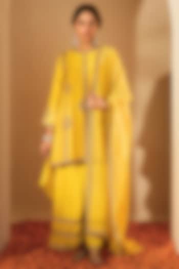 Mustard Yellow Viscose Raw Silk & Chanderi Zari Embroidered Kurta Set by RoohbyRidhimaa at Pernia's Pop Up Shop