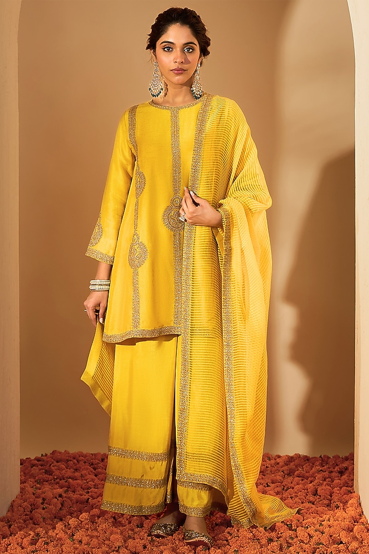 Mustard Yellow Viscose Raw Silk & Chanderi Zari Embroidered Kurta Set by RoohbyRidhimaa at Pernia's Pop Up Shop