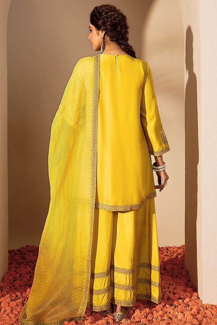 Mustard Yellow Viscose Raw Silk & Chanderi Zari Embroidered Kurta Set by RoohbyRidhimaa at Pernia's Pop Up Shop