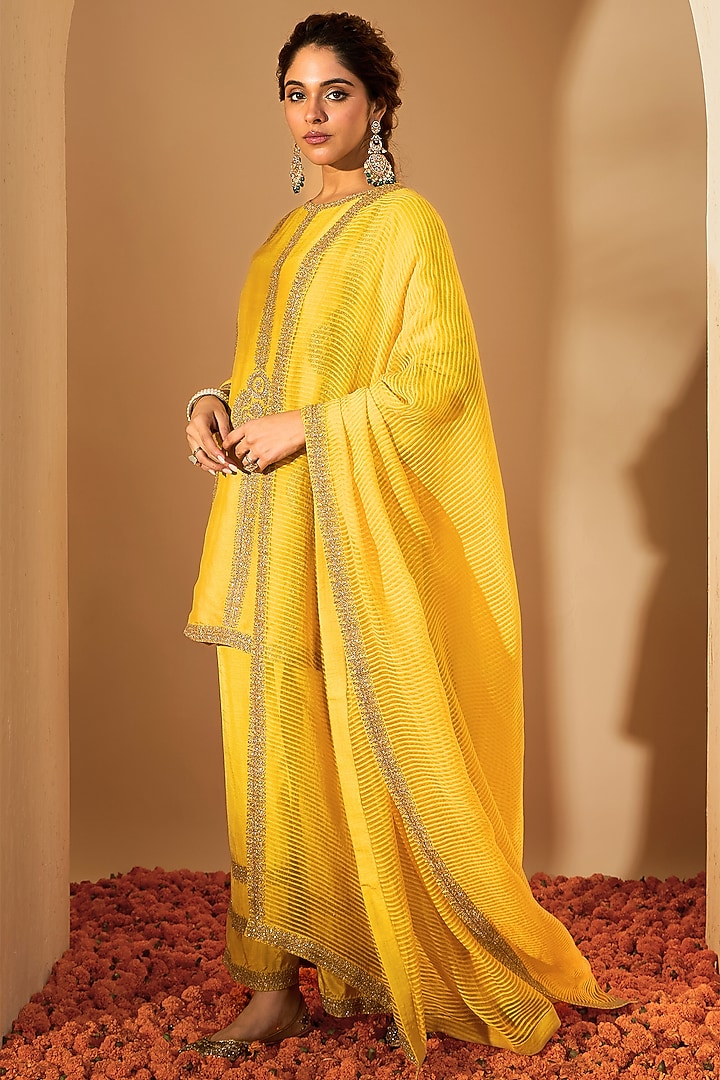 Mustard Yellow Viscose Raw Silk & Chanderi Zari Embroidered Kurta Set by RoohbyRidhimaa at Pernia's Pop Up Shop