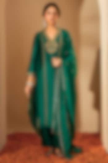 Pine Green Viscose Raw Silk & Organza Embroidered Kurta Set by RoohbyRidhimaa at Pernia's Pop Up Shop