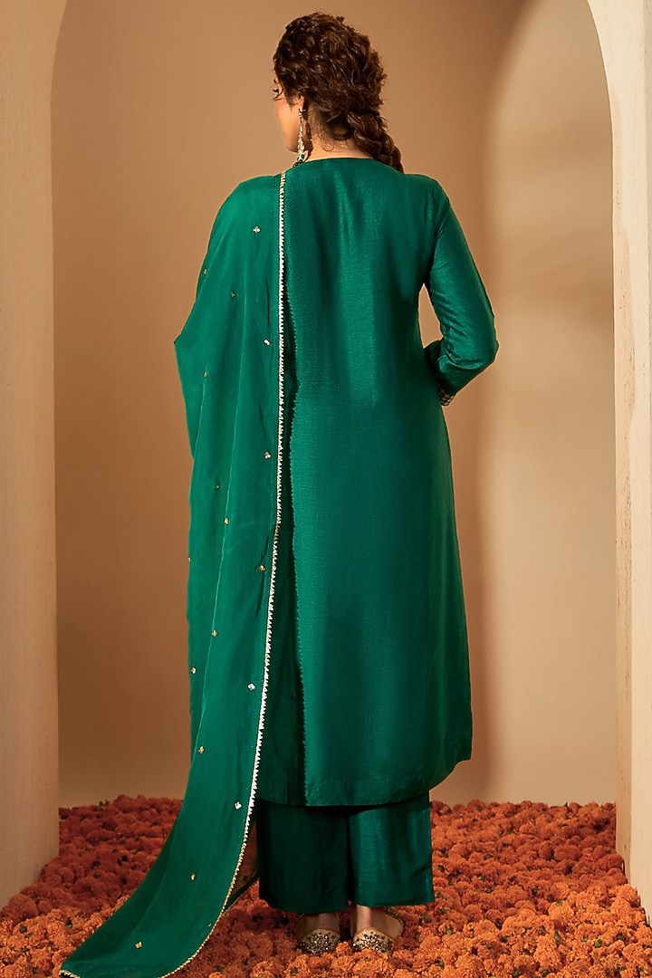 Pine Green Viscose Raw Silk & Organza Embroidered Kurta Set by RoohbyRidhimaa at Pernia's Pop Up Shop