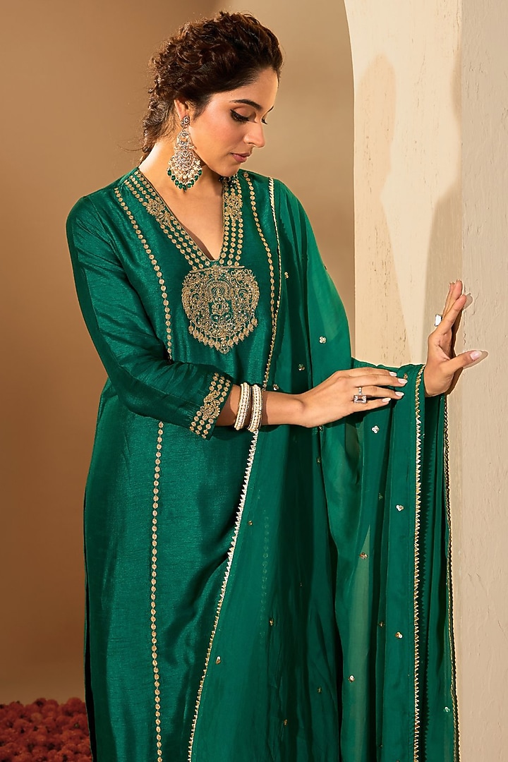 Pine Green Viscose Raw Silk & Organza Embroidered Kurta Set by RoohbyRidhimaa at Pernia's Pop Up Shop