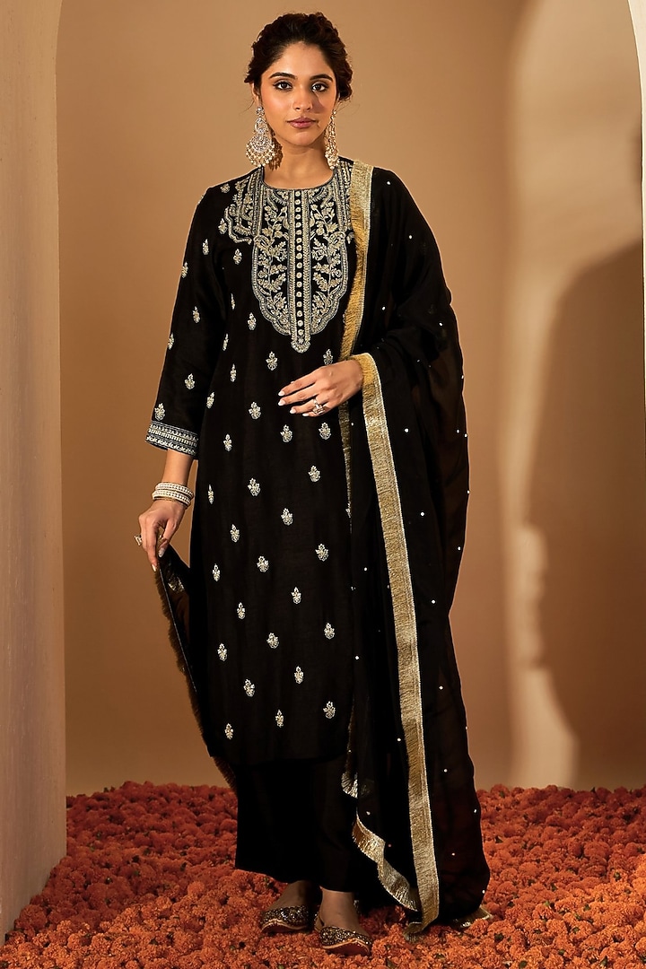 Black Viscose Raw Silk & Silk Organza Embroidered Kurta Set by RoohbyRidhimaa at Pernia's Pop Up Shop