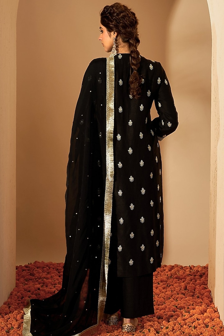 Black Viscose Raw Silk & Silk Organza Embroidered Kurta Set by RoohbyRidhimaa at Pernia's Pop Up Shop