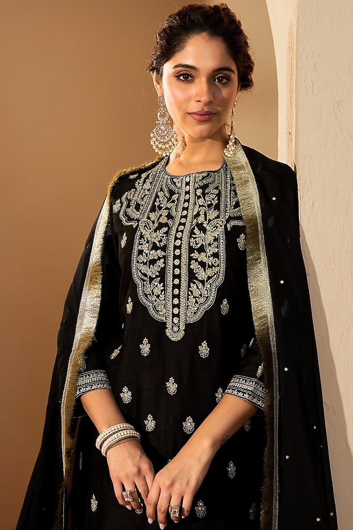 Black Viscose Raw Silk & Silk Organza Embroidered Kurta Set by RoohbyRidhimaa at Pernia's Pop Up Shop