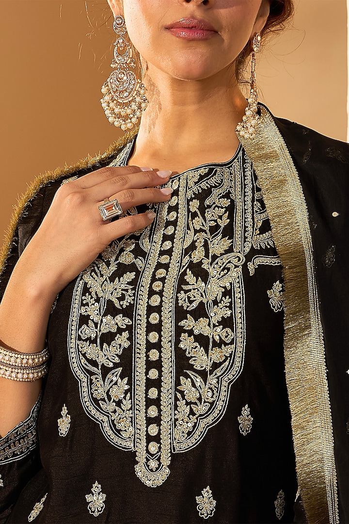 Black Viscose Raw Silk & Silk Organza Embroidered Kurta Set by RoohbyRidhimaa at Pernia's Pop Up Shop