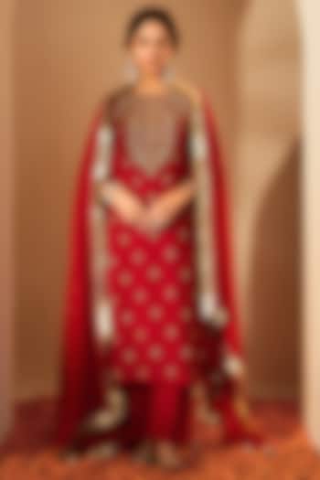 Red Viscose Raw Silk & Silk Organza Embroidered Kurta Set by RoohbyRidhimaa at Pernia's Pop Up Shop